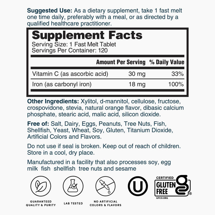 Nature's Lab Iron Plus Vitamin C Fast Melt Tablets - 120 Tablets