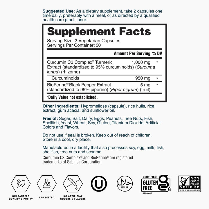 Nature's Lab Gold Turmeric Extract with Curcumin C3 and BioPerine - 60 capsules