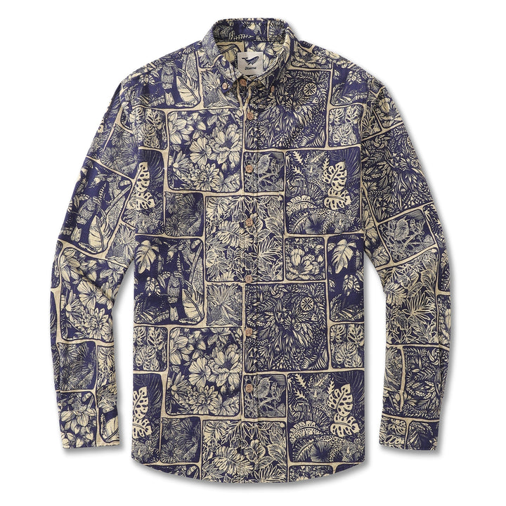 Vintage Men's Hawaiian Shirt Jungle Cotton Button-down Long Sleeve Aloha Shirt By Yakima