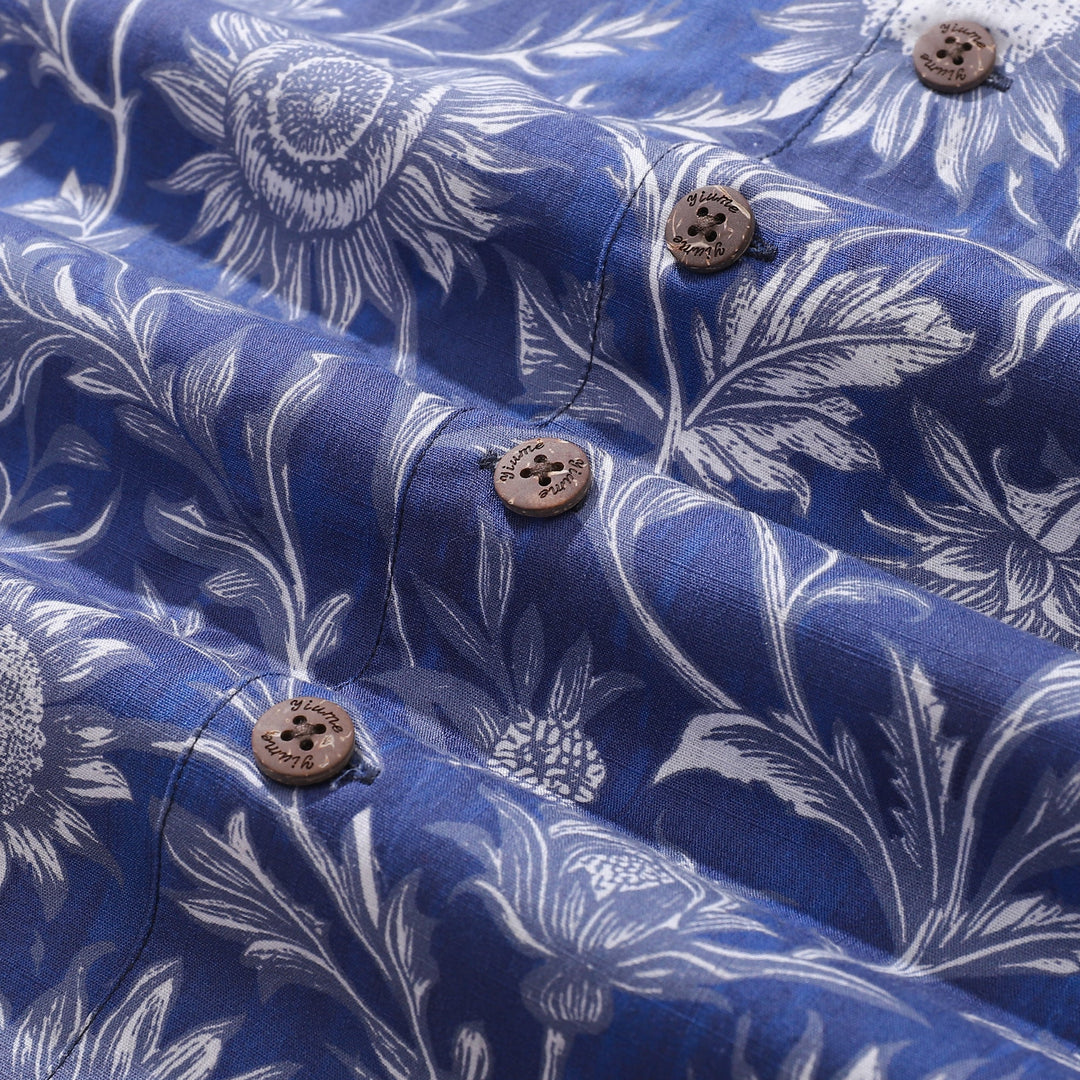 Hawaiian Shirt For Men Blue and White Porcelain Sunflower Camp collar Short Sleeve 100% Cotton Shirt By Sun