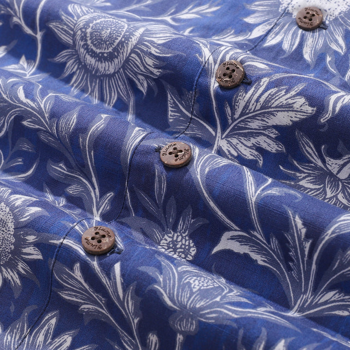 Hawaiian Shirt For Men Blue and White Porcelain Sunflower Camp collar Short Sleeve 100% Cotton Shirt By Sun
