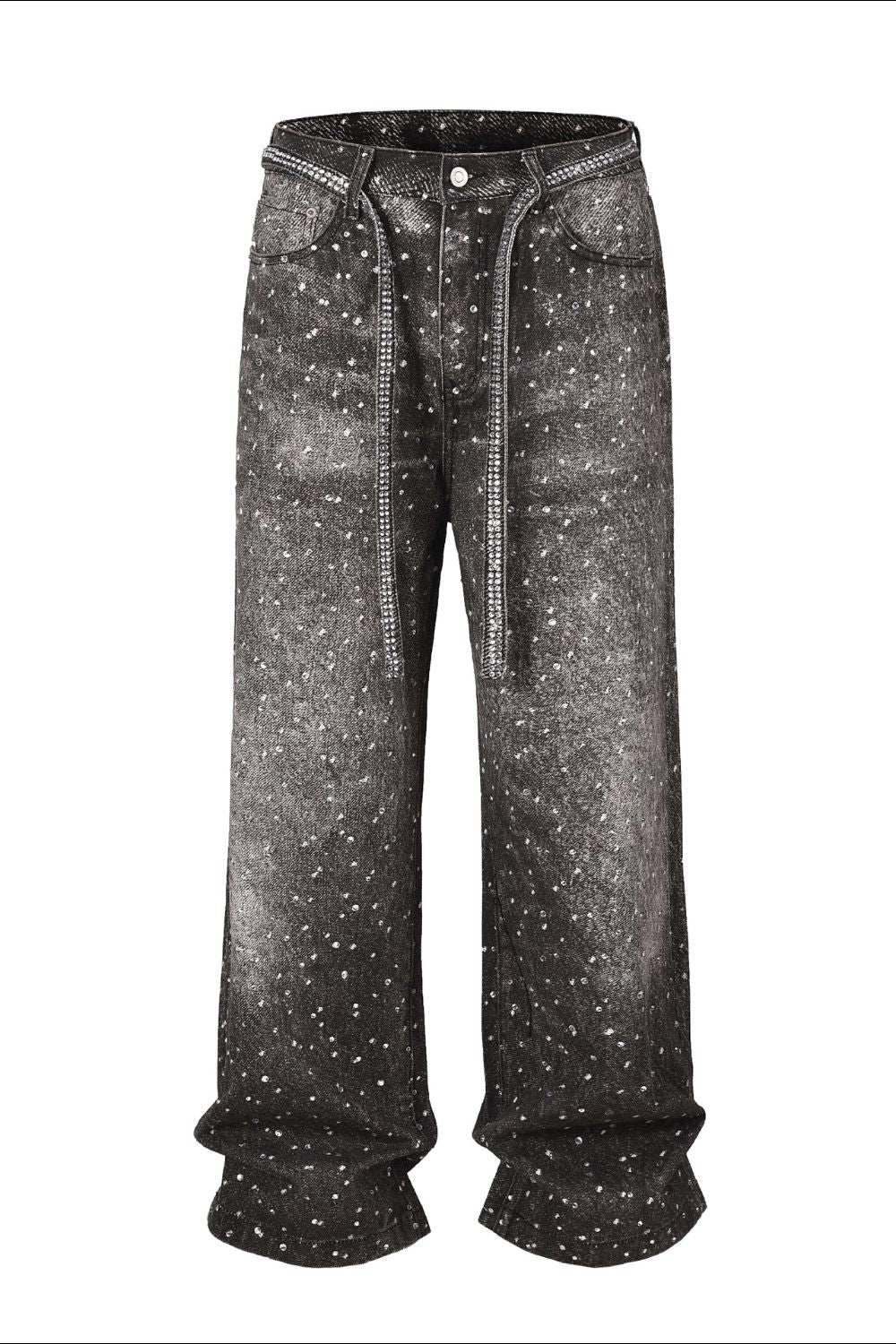デニム・ジーパン AAKAM Rhinestone Washed Denim Pants 5SH078 AGAM Light Washed Rhinestone Jeans – CHINASQUAD