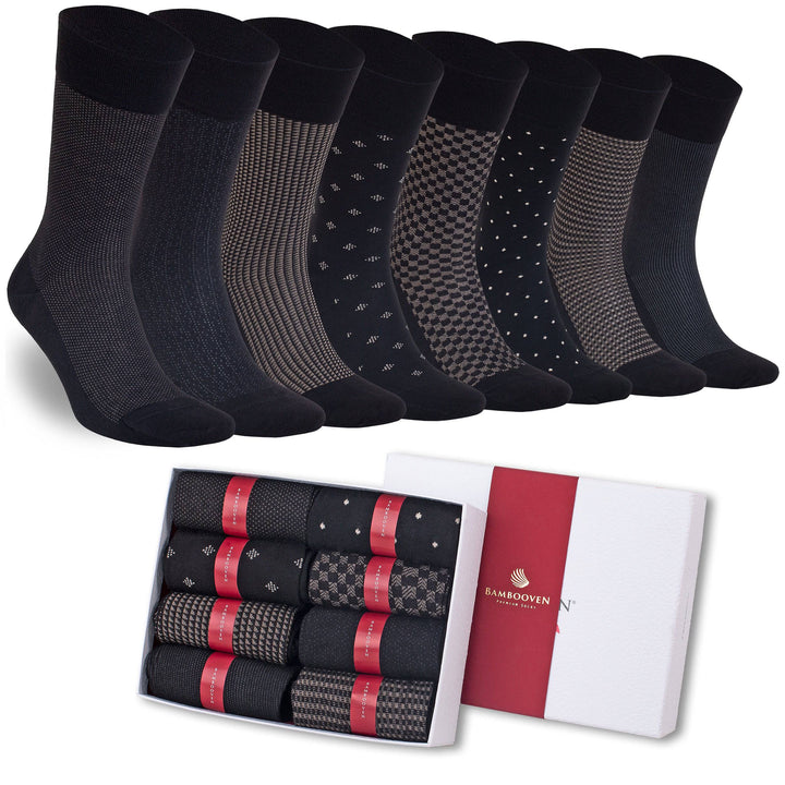 Men’s Bamboo Lightweight Dress Socks 8-Pack Gift Box, Black, Charcoal & Taupe