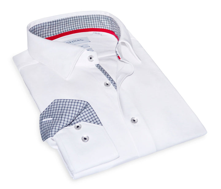 Jason// Cotton Knit-Stretch Button-Up Shirt With Contrast Details // White // Tailored Fit (Fitted)