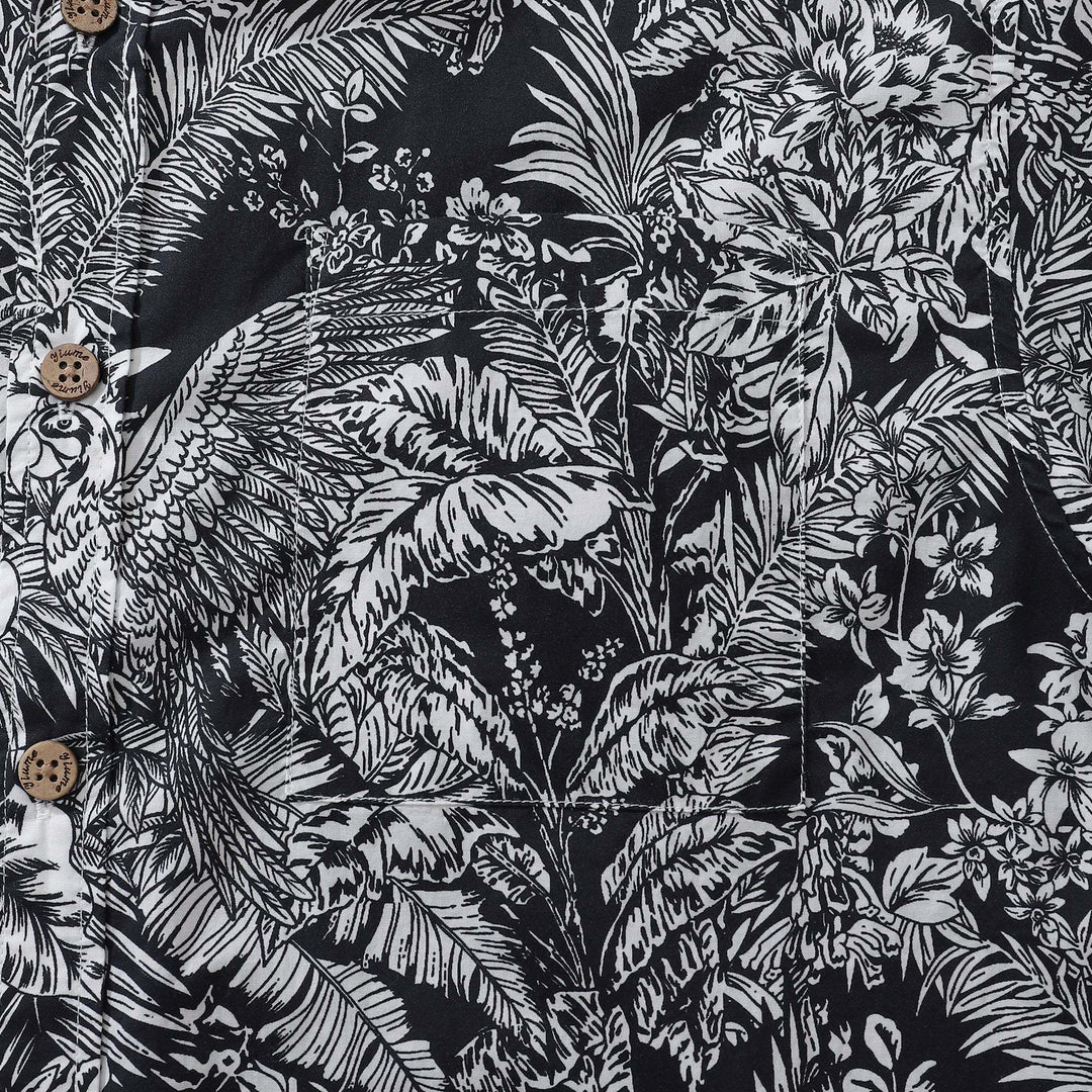 Men's Hawaiian Shirt Black Parrot In The Jungle 100% Cotton Button Down By Amy