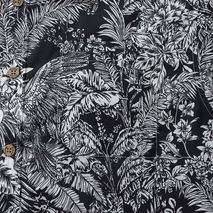 Men's Hawaiian Shirt Black Parrot In The Jungle 100% Cotton Button Down By Amy