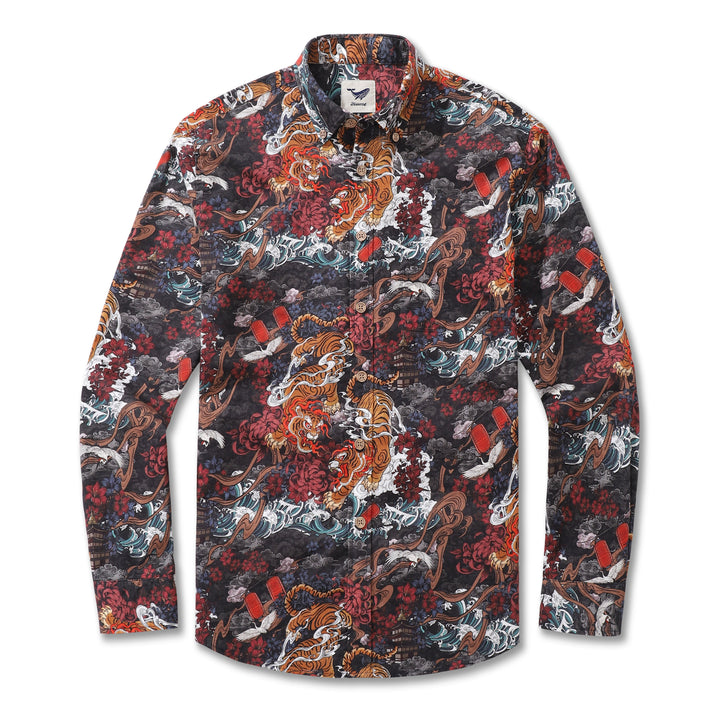 Long Sleeve Hawaiian Shirt For Men Tiger in the Mist Cotton Button-down Aloha Shirt By Yakima