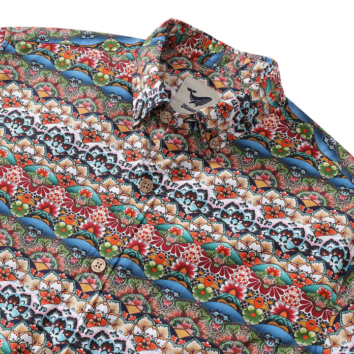 Men's Hawaiian Shirt Tropical Groove Cotton Button-down Long Sleeve Aloha Shirt By Amy