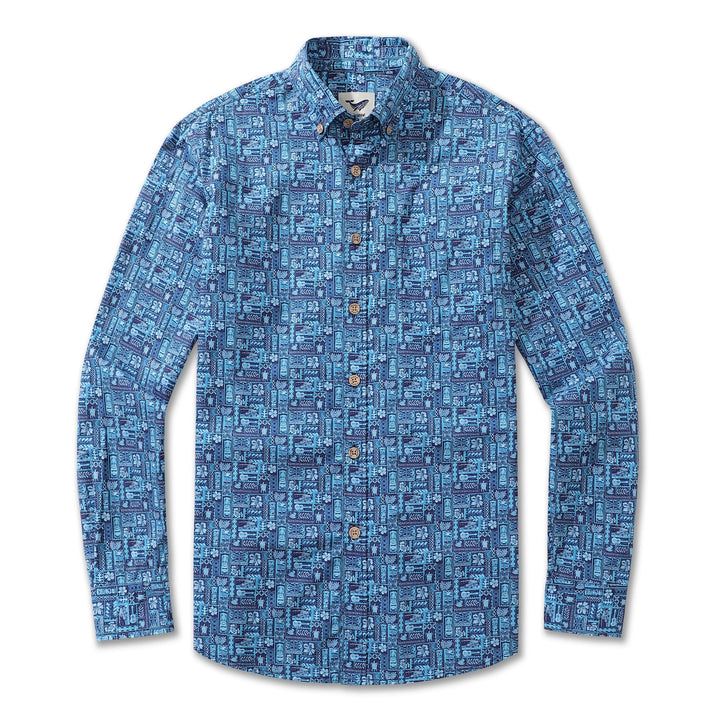 Men's Hawaiian Shirt TIKI Paradise Cotton Button-down Long Sleeve Aloha Shirt By Amy