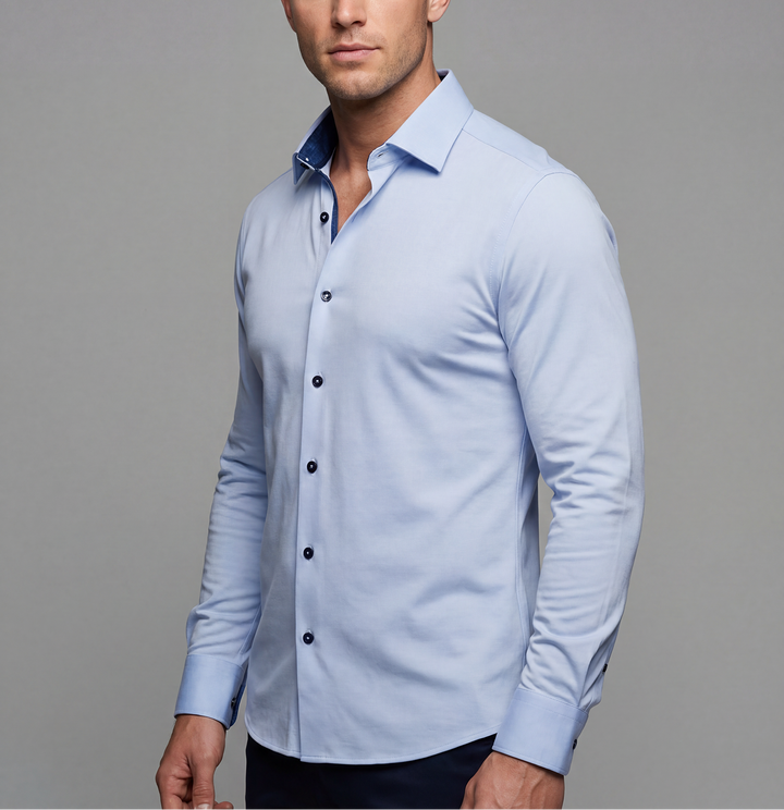 Ralph// Cotton Knit-Stretch Button-Up Shirt With Contrast Details // Blue // Tailored Fit (Fitted)
