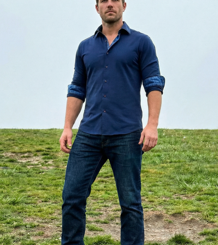 Paul// Cotton Knit-Stretch Button-Up Shirt With Contrast Details // Navy // Tailored Fit (Fitted)