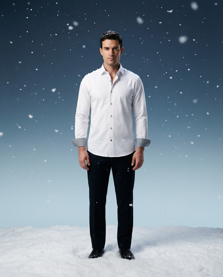 Jason// Cotton Knit-Stretch Button-Up Shirt With Contrast Details // White // Tailored Fit (Fitted)