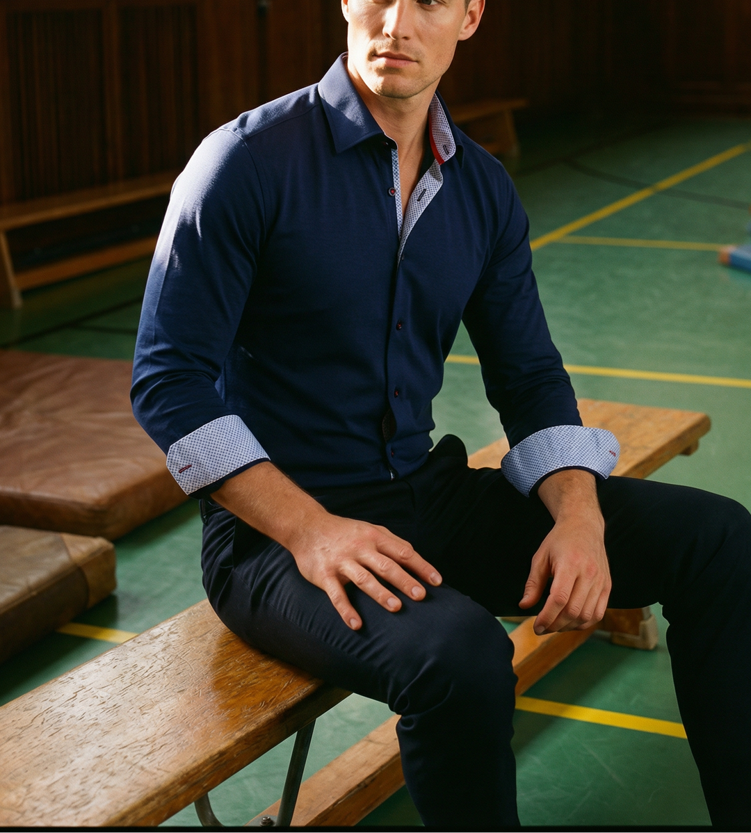 Paul// Cotton Knit-Stretch Button-Up Shirt With Contrast Details // Navy // Tailored Fit (Fitted)