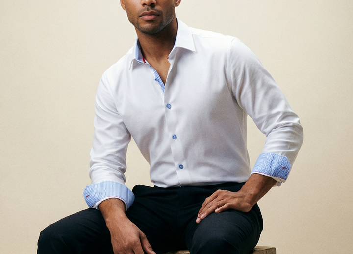 Scott// Cotton Knit-Stretch Button-Up Shirt With Contrast Details // White // Tailored Fit (Fitted)