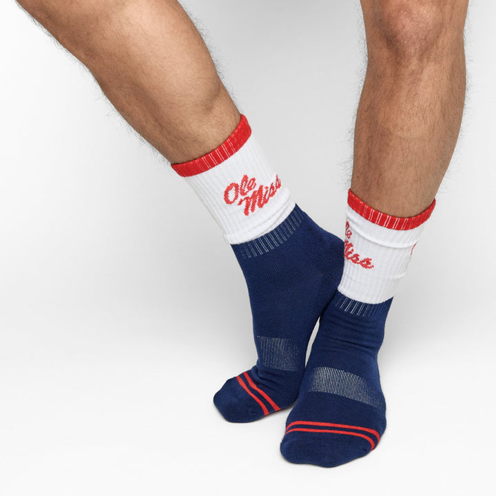 Navy White OM Script Casual Crew Socks